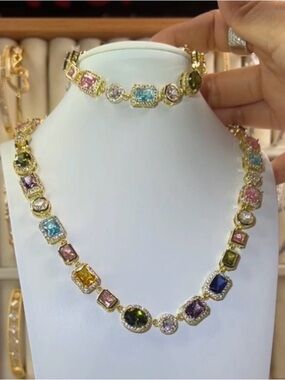 Gold Multi-Color Gemstone Necklace and Bracelet Set- Gold Filled